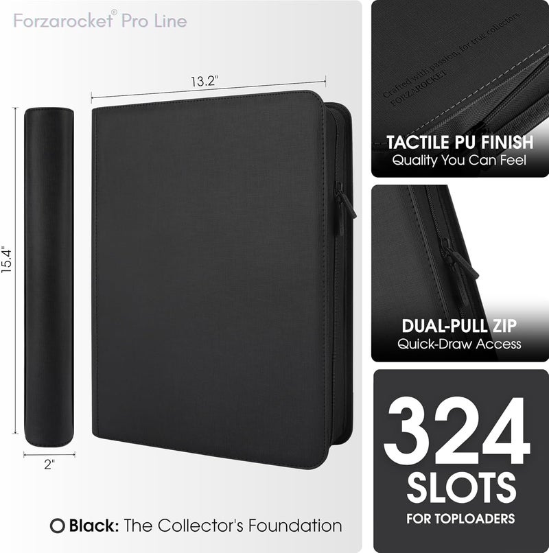 FORZAROCKET 324 Toploader Binder | 9-Pocket Zippered Ringless Album for TCG & Sports Cards | PU Leather Side-Load Storage - Image 3